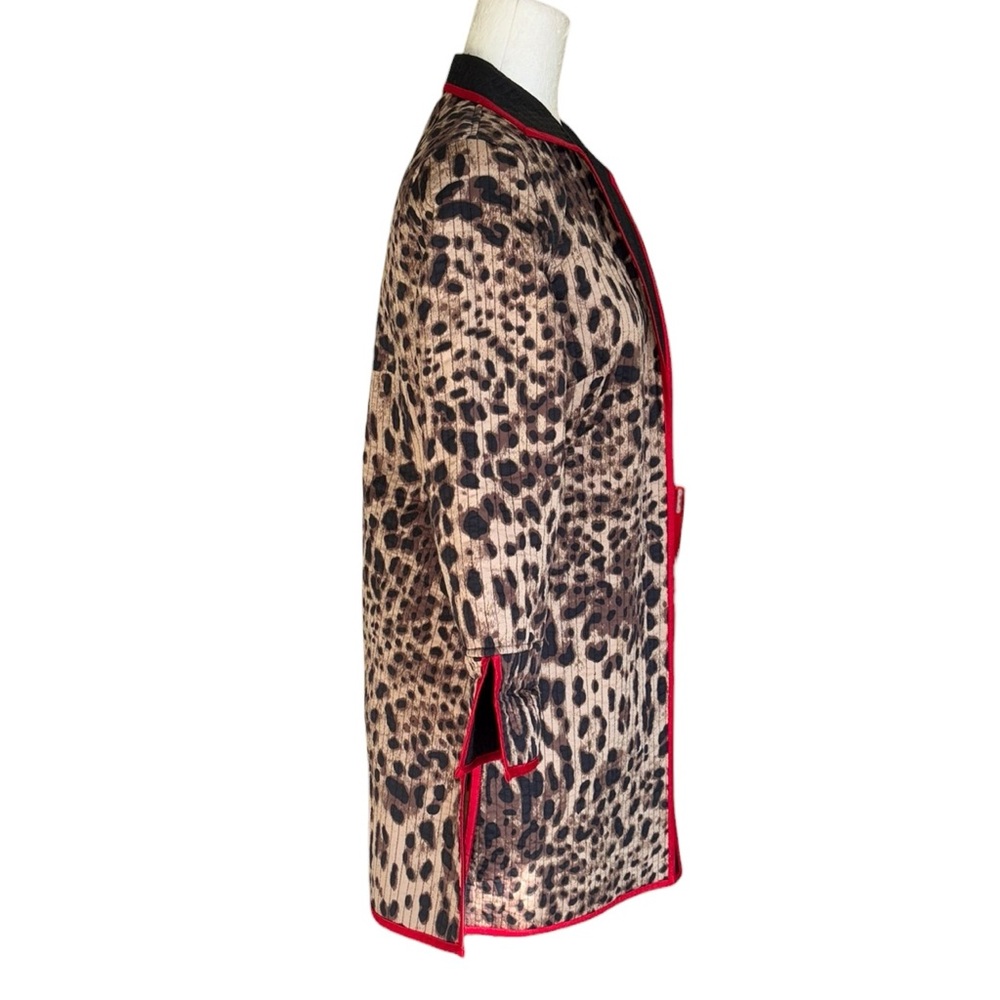 PATTY KIM Leopard Print Quilted Open Front Red Trimmed Jacket Coat - XS - Picture 4 of 9